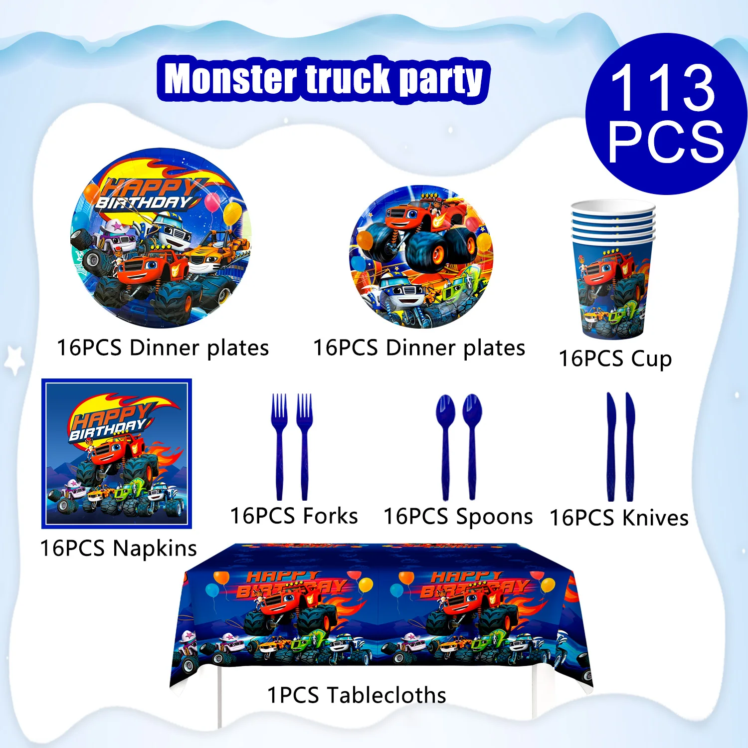 Monster Truck Birthday Party Supplies,113pcs Tableware Set-Monster Trucks Birthday Plates Napkins Paper Cups Tablecloth etc