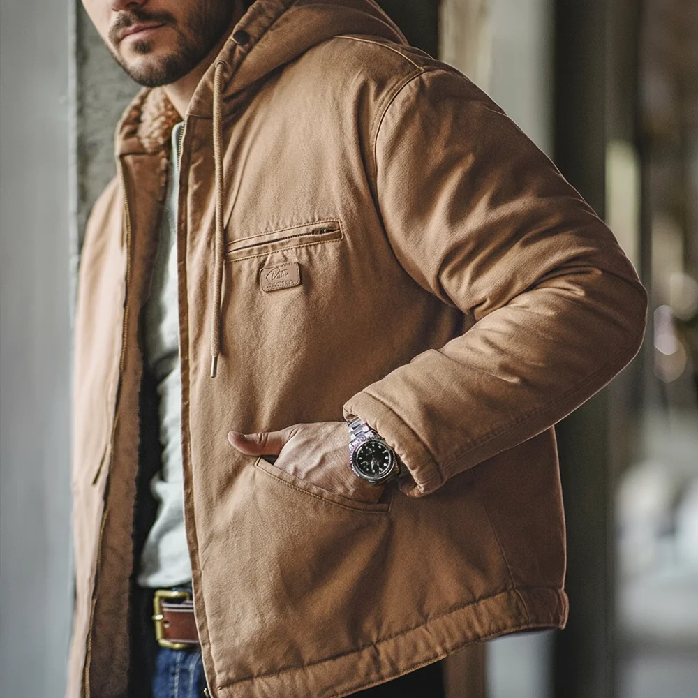 

Maden Men's Retro J141 Active Hooded Jacket Solid Color Sherpa Fleece Cotton-padded Coat with Velvet Warm Canvas Outerwear