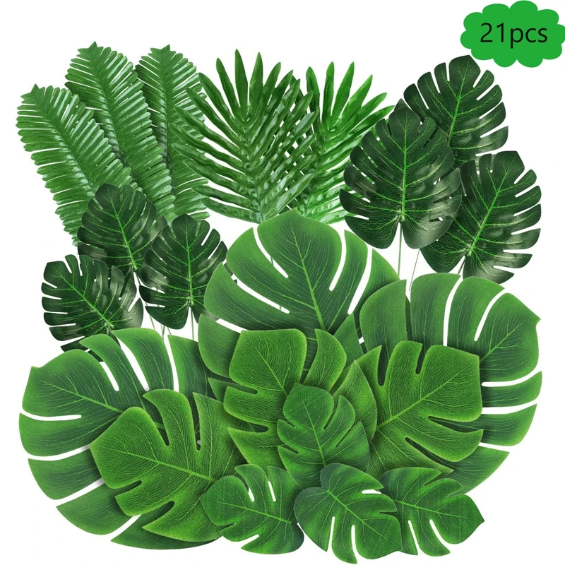 21PCS Hawaii Artificial Palm Leaf Turtle Back Leaf Beach Theme Party Flower Arrangement Table Wedding Birthday Decor Accessories