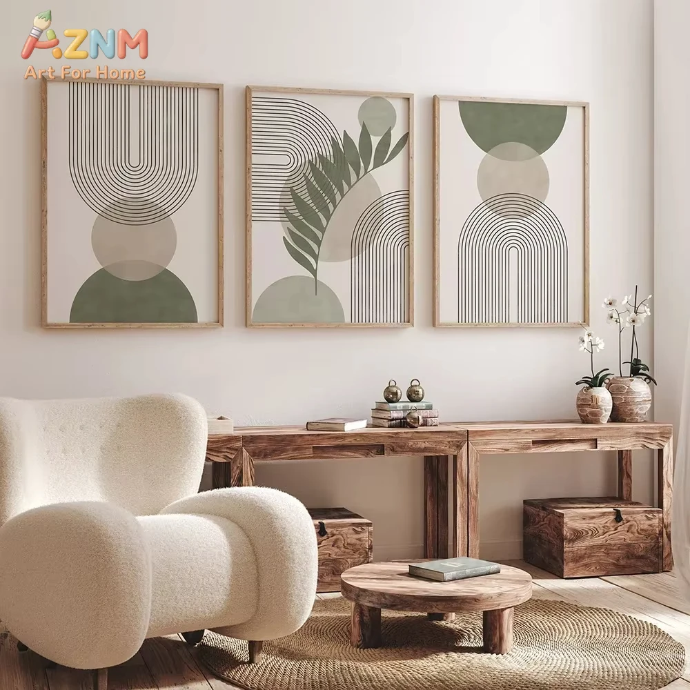 1pc/3pcs Green Botanical Abstract Boho Geometry Wall Art Canvas Painting Nordic Posters And Prints Wall Living Room Decor