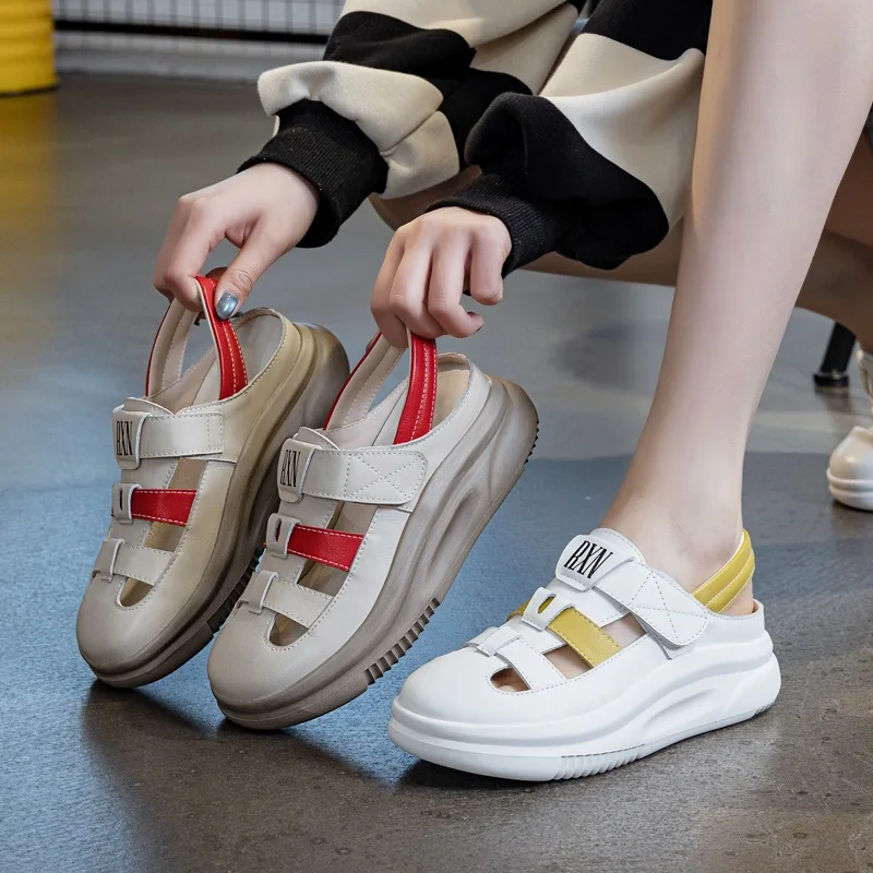 DRKANOL Women Thick Bottom Sandals Summer Hollow Out Shoes Mixed Colors Genuine Leather Chunky Platform Wedges Casual Sandals
