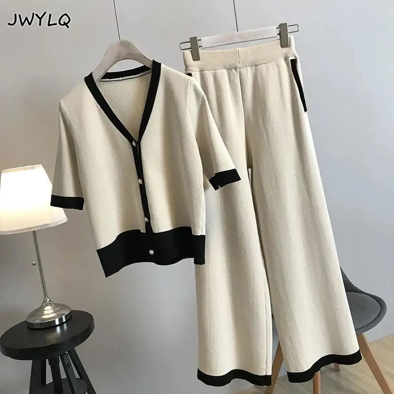 

Plus Size 5xl Thin Two Piece Set Knitting Suit V-neck Cardigan Half Sleeve Sweater+high Waist Wide Leg Pants Two Peice Set Women