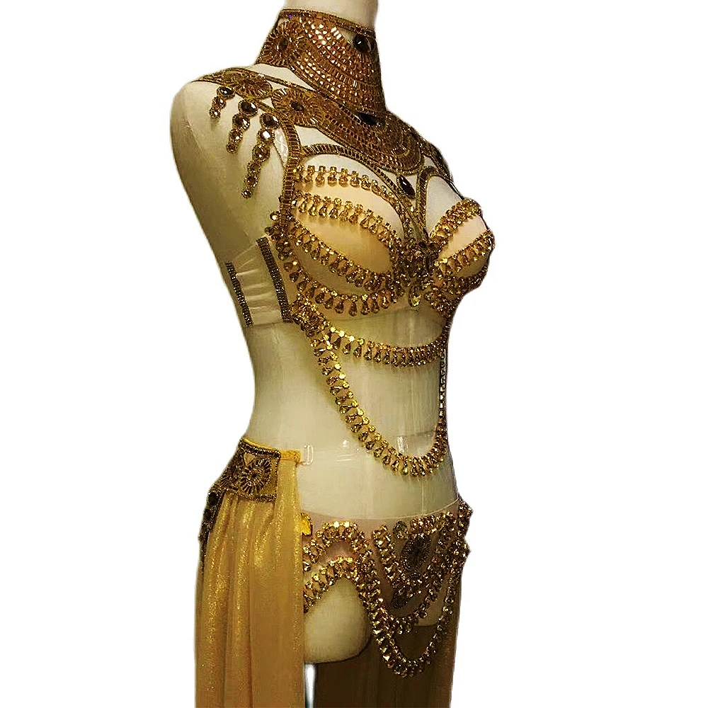 Zestaw bikini z łańcuszkiem zdobionym dżetami, błyszczący kostium sceniczny, damski strój do klubu nocnego, taneczny, prześwitujący, z trenem z siateczki.