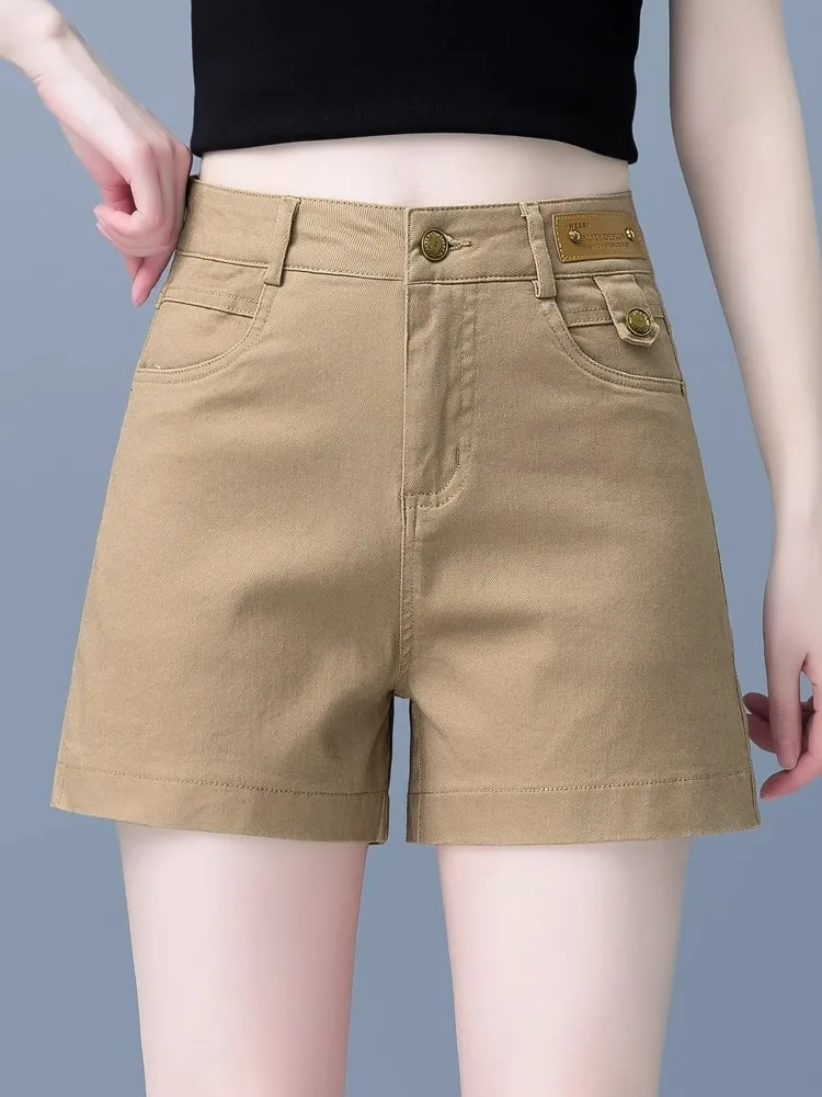 

Женские летние тонкие повседневные шорты из денима цвета хаки с высокой талией, утягивающие, широкие, А-силуэт, модные шорты-хотпэнты для лета