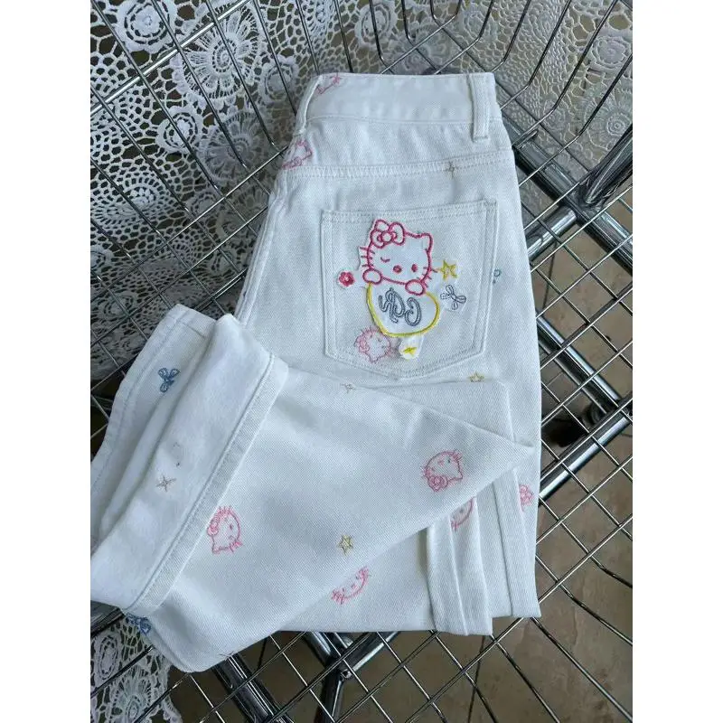 

Sanrio Kawaii Джинсы Hello Kittys Летние широкие брюки для девочек Милые прямые новые стильные милые свободные повседневные удобные мультяшные ретро