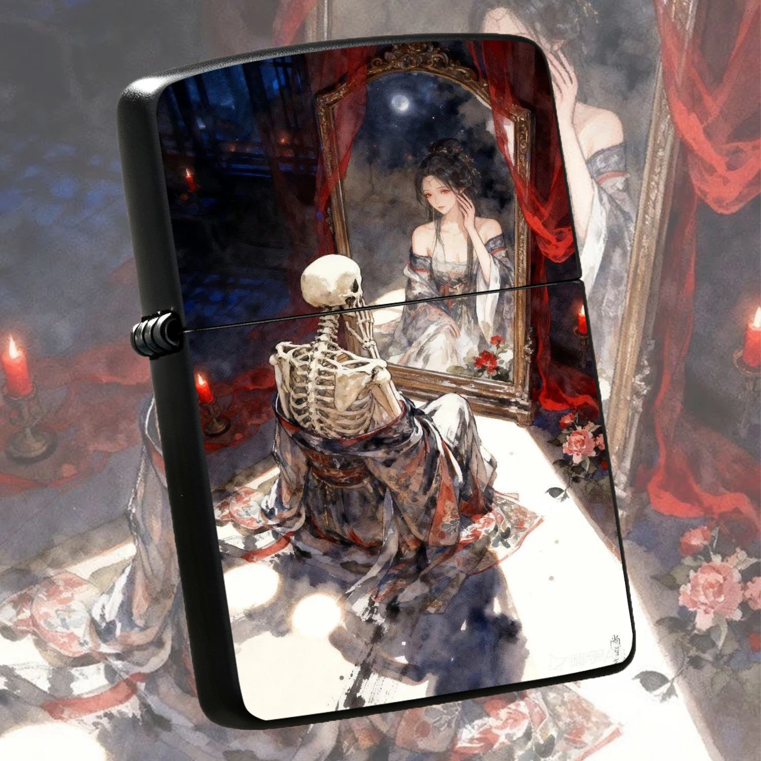 Vintage Eastern style Style Skeleton BEAUTY in Mirror Pattern, Aesthetic Dark Romantic Art Creative Printed Windproof, Unique Decorative Collectible Gift for Friends, PORTABLE Durable Pocket for Daily Use Art Display A fun and humorous ligh