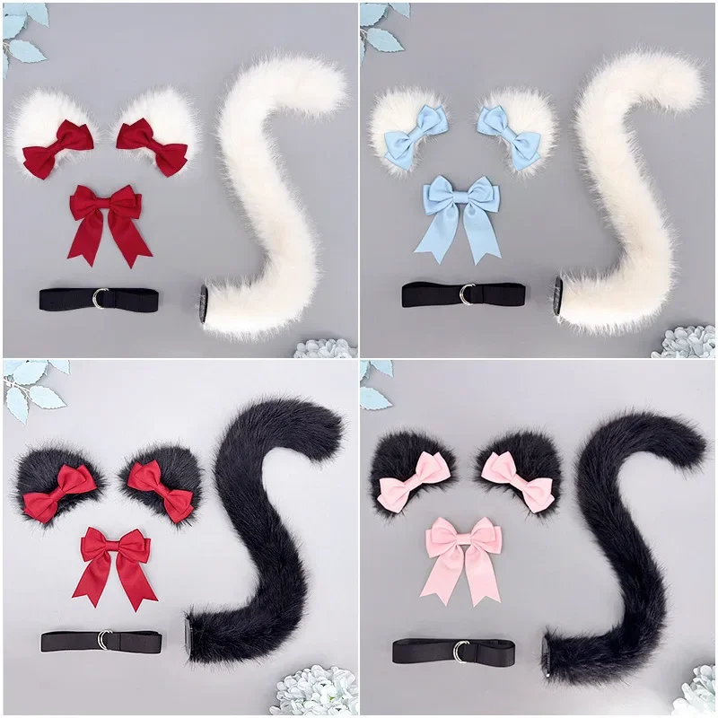 Słodka Lolita opaska z uszami kota z kokardką pokojówka Cosplay zwierząt klips do włosów na uszy dla gotyckich kostiumów dla dziewcząt Anime