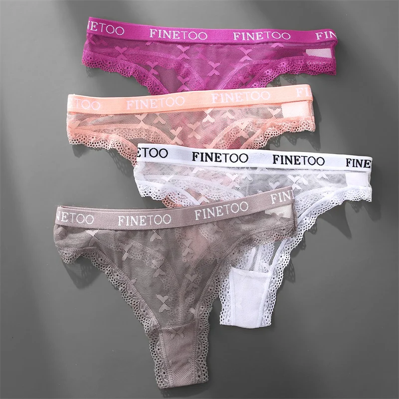 FINETOO 3PCS Women Lace Thong Letter Bikini Underwear Sexy Hollow Out T-Back Panties Female Low-Rise Floral Perspective Lingerie