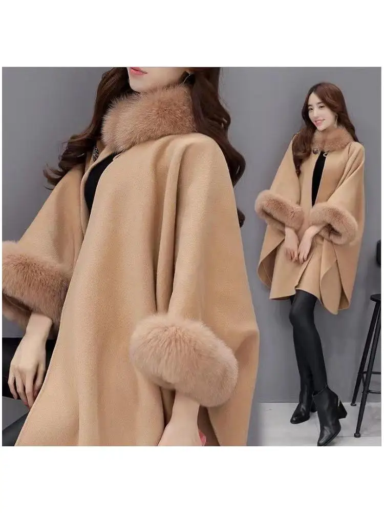 

Женское шерстяное пальто большого размера: модное, теплое, осенне-зимнее, новое, с меховым воротником, верхняя одежда из полиэфирного волокна