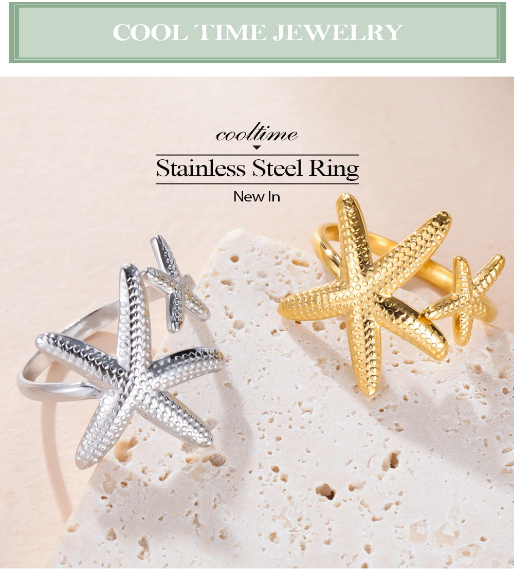 COOLTIME Seestern Muschel Ring für Frauen Edelstahl Gold Farbe Trendy Ozean Offenen Ring Finger Schmuck Geschenk Neue – Detail 3