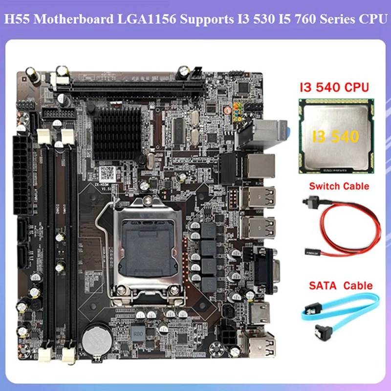 H55 placa-mãe lga1156 suporta i3 530 i5 760 série cpu memória ddr3 placa-mãe + i3 540 cpu + cabo sata + cabo de interruptor