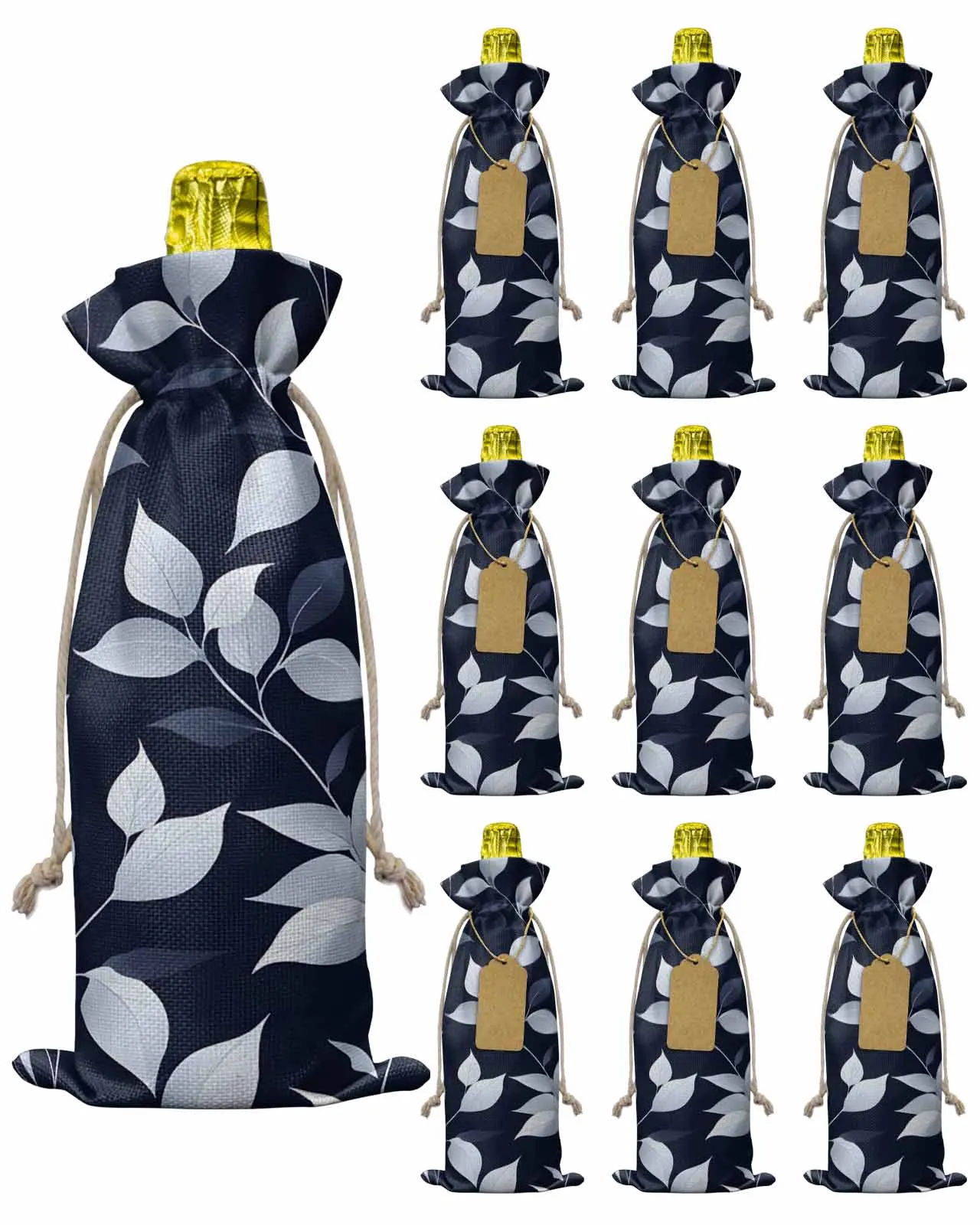 

10pcs Wine Bottle Covers Indigo Leaf Texture Plant Wine Holder Carrier Packaging Bag Wedding Party Decor Gift
