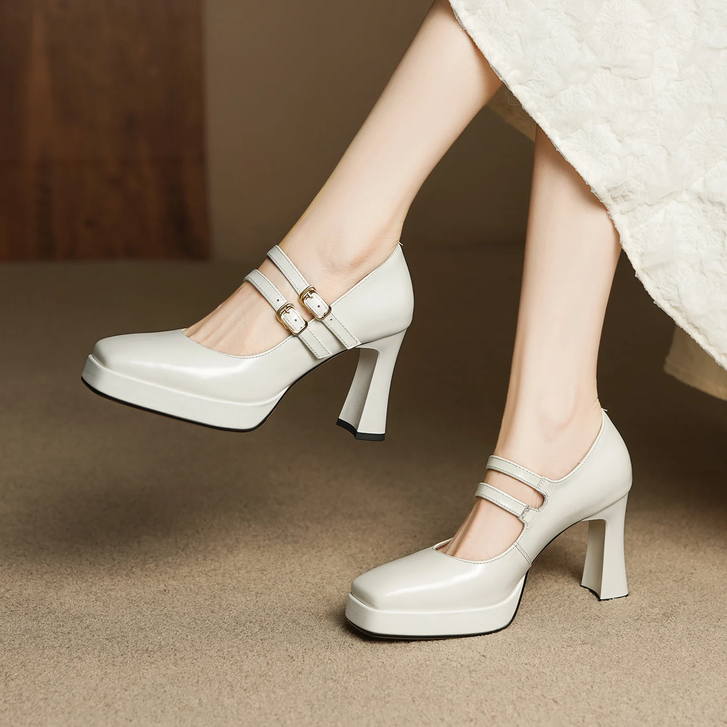 

Mary Janes Women Genuine Leather Platform Buckle Strap Square Toe Chunky Heel Fashion Ankle Strap Dress Shoes