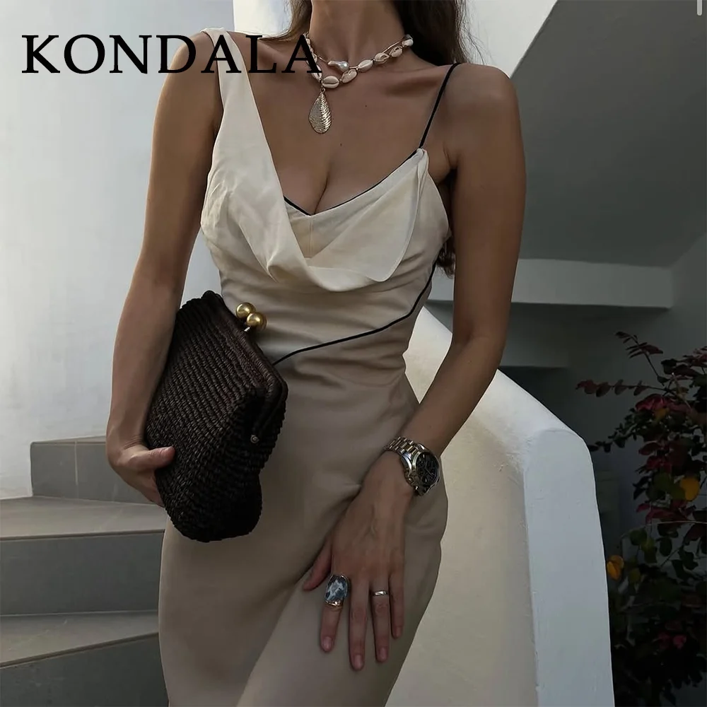 ชุดเดรสผู้หญิง KONDALA 2025 คอลเลคชั่นฤดูใบไม้ผลิ/ฤดูร้อน แบบเซ็กซี่ สายเดี่ยว ตัดต่อผ้า แฟชั่นสำหรับออกงานกลางคืน สีพื้น ซิป ไม่มีสายคล้องไหล่ ไม่มีแขน
