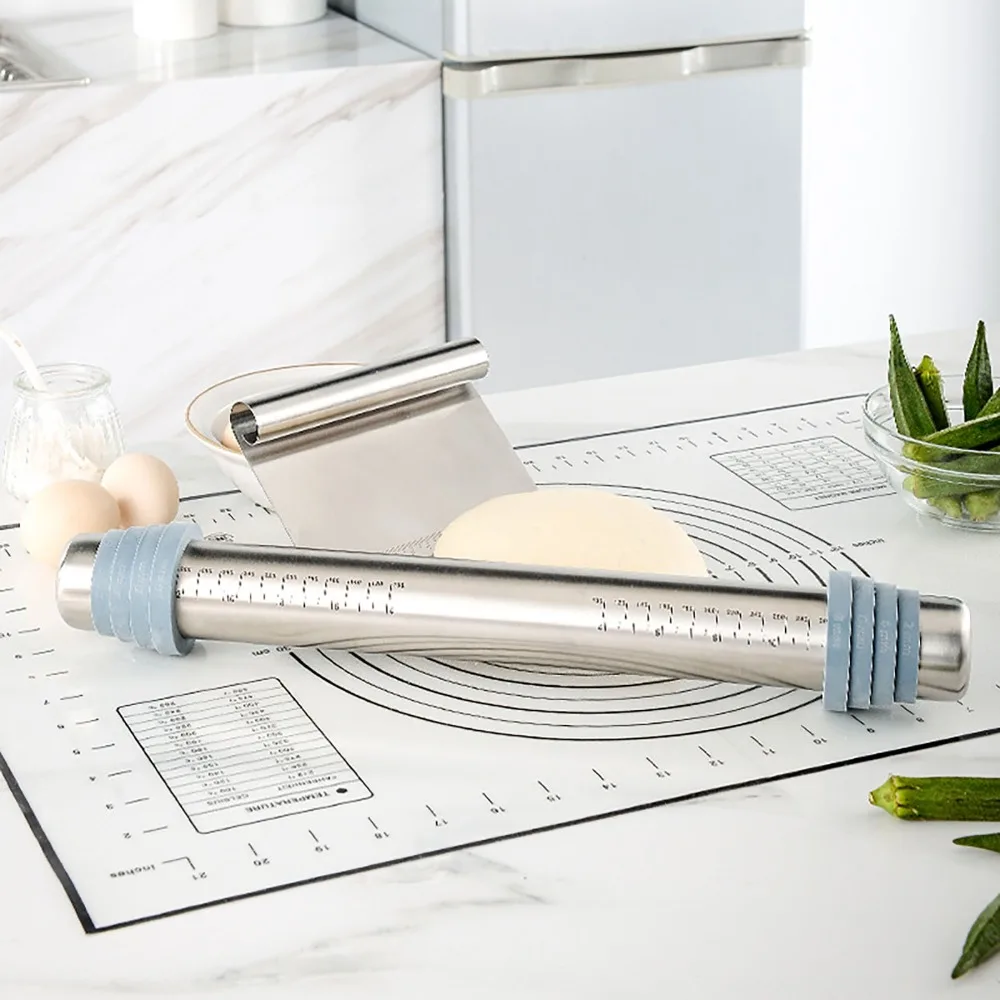 Stainless Steel Silicone Rolling Pin Silver 4 Detachable Rings Dough Scraper Heat Resist Non Stick Baking Utensils Set