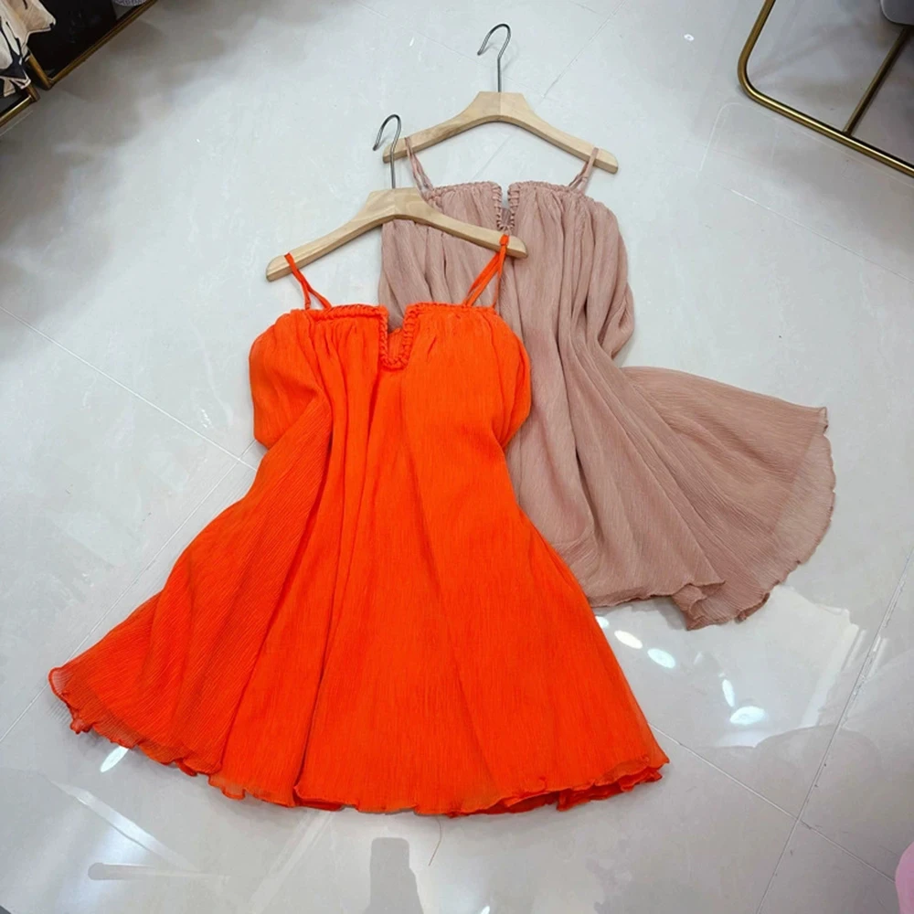 

European and American popular lazy sweet style wrinkled yarn one-shoulder sling loose holiday dress-GZXX352