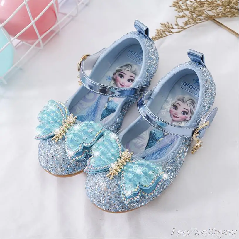 Disney Girls Princess Shoes Soft Sole Little Girl Frozen Children Crystal Casual Shoes Flat Leather Show Dance Shoes Size 22-36