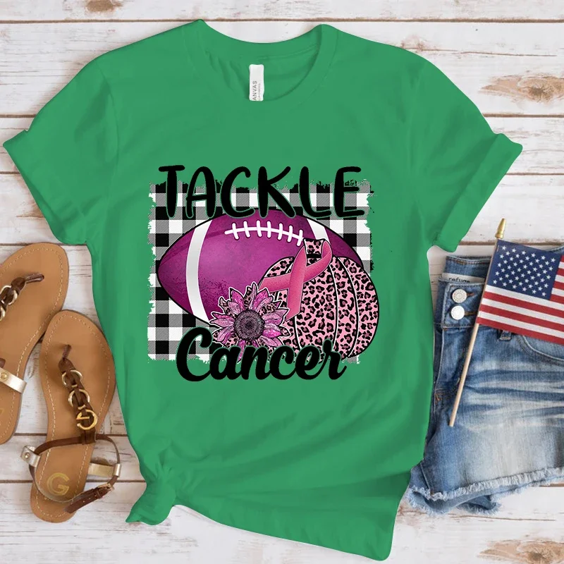 Breast Cancer Awareness Tackle Cancer Print Tshirt Summer Fashion Casual Short Sleeve Round Neck Tops Women/Mens T-Shirts