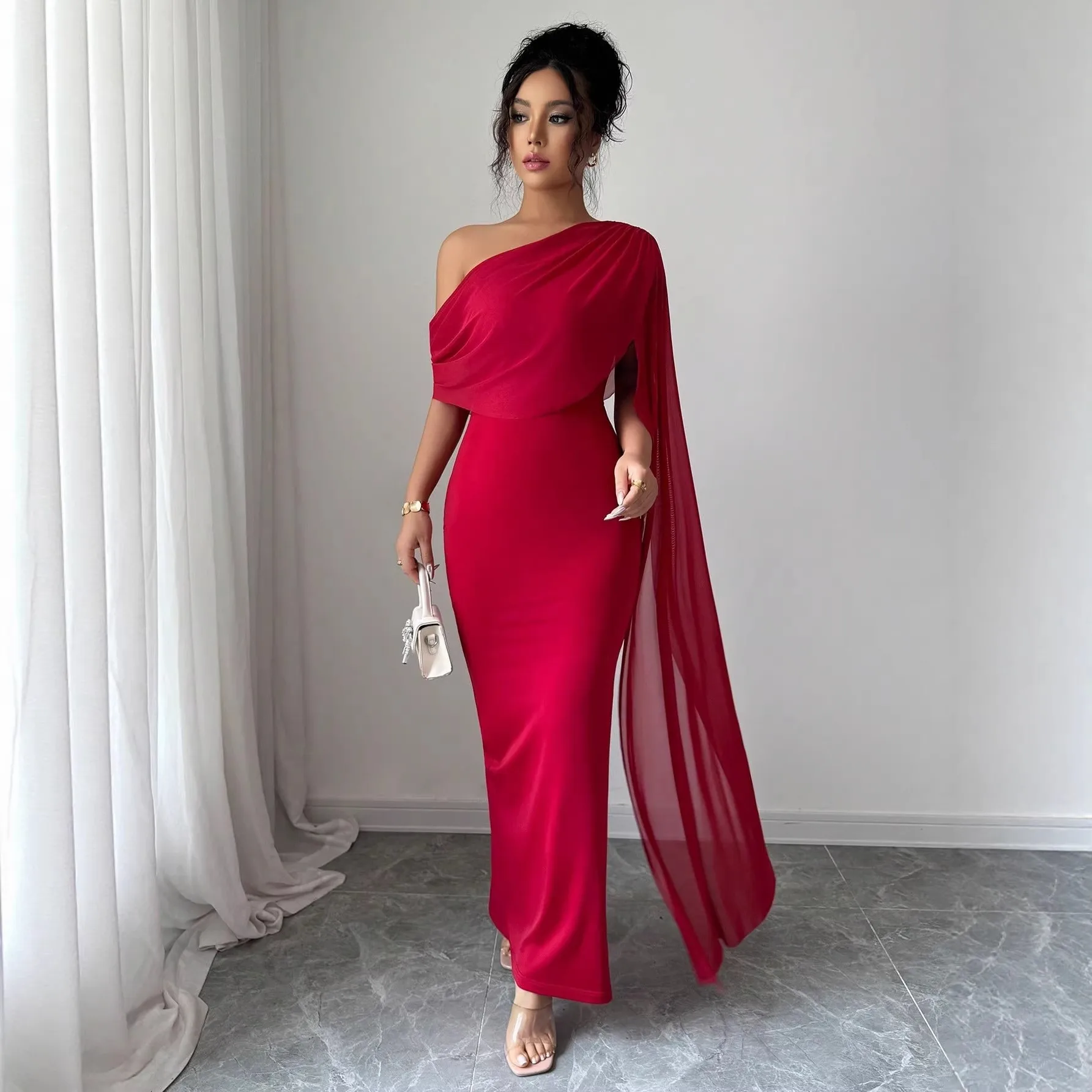 Single Slim Fit Cape with Ribbon Sleeves High Waist Elegant Style Spring Season Women Long Dress Maxi Length Socialite Style
