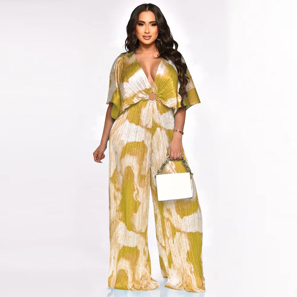 

2024 New Printing Pleat Loose Jumpsuit Women Sexy Deep V-neck Ruched Loose Full Length Jumpsuit Wide Leg Pants