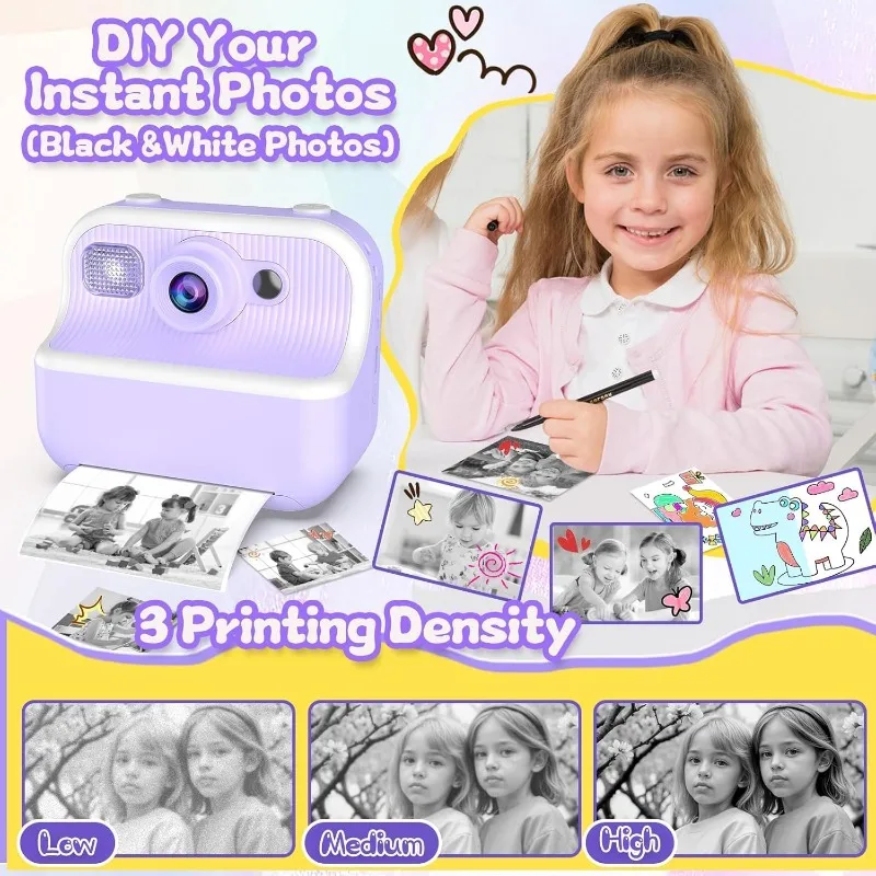 Camera Instant Print 48MP Kids Selfie Digitale Camera, 1080P HD Kindervideorecorder, 2,4 "peutercamera met printpapier