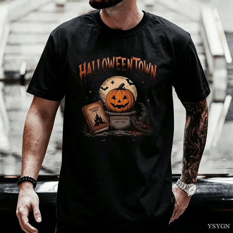 Halloweentown Est 1998 Vintage Pumpkin Witch Hat Graphic T Shirt Men Moon Bat Spell Book Print Tee Casual Short Sleeve Top