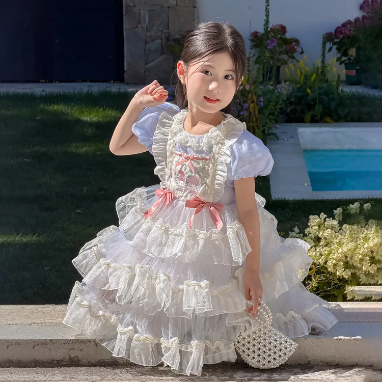 lolita-princess-skirt-dress-girls-summer-cake-style-children's-clothing-polyester-fiber-soft-comfortable-short-sleeve-midi-dress