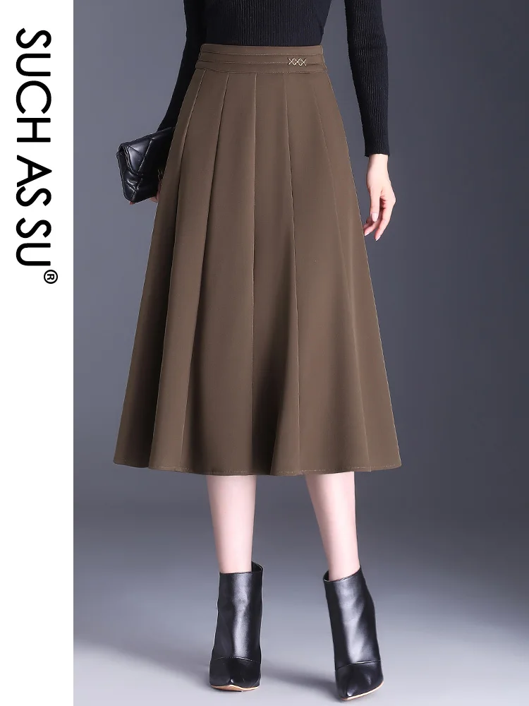 SUCH AS SU 2023 New Women\'s Pleated Skirt Sexy Big Hem S M L XL XXL XXXL Size Ladies Mid-Long Slim Black Brown Skirt Female 7305