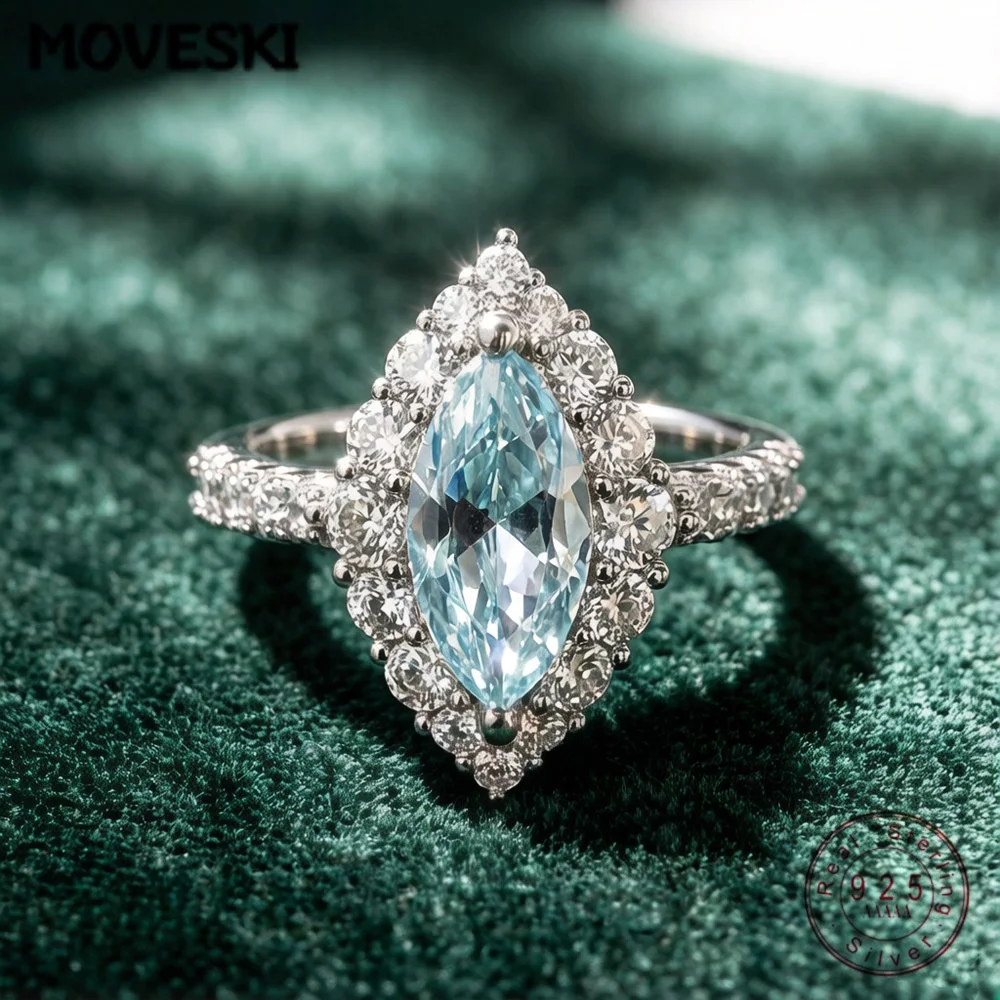 925 Sterling Silver Marquise Cut Aquamarine Cubic Zirconia Ring Vintage Halo Engagement Ring Wedding Band for Women