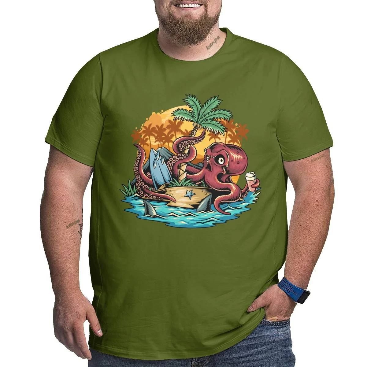 

Octopuses on the shore pattern men'loose round neck High street fashion mens short sleeves graphic t shirts oversize army 6XL