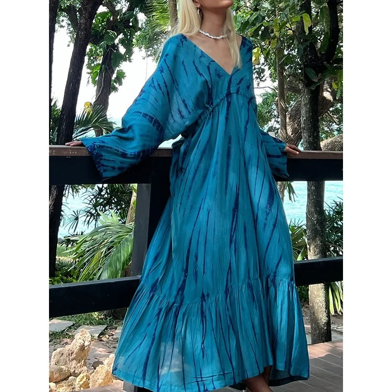 T Е Blue Bohemia Dress Donna 2025 Primavera Autunno Vintage Loose Fit Manica raglan Scollo a V Stampa Abiti longuette da spiaggia 182802