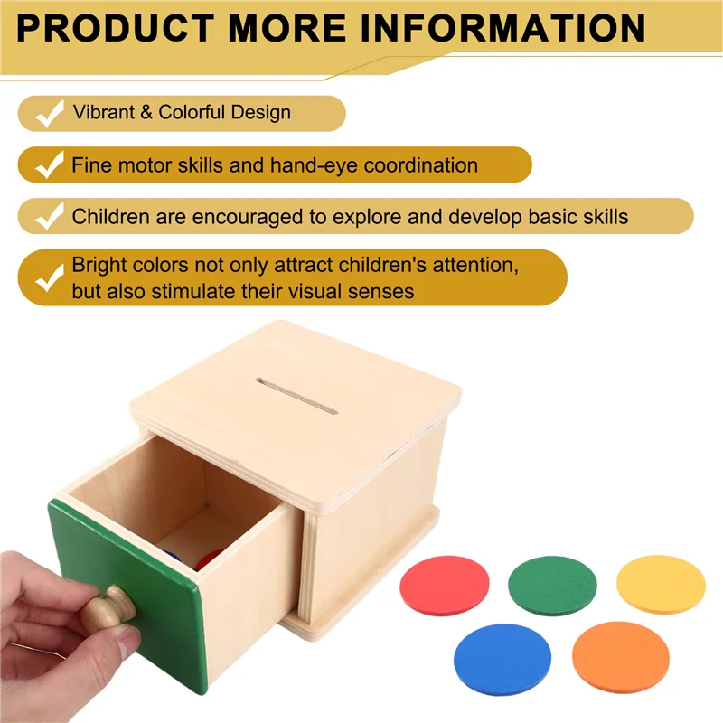 A04F-ไม้ช่วยสอนMontessoriเหรียญกล่องไม้ที่มีสีสันโยนเหรียญกล่องลิ้นชักทักษะTrainin Early Education