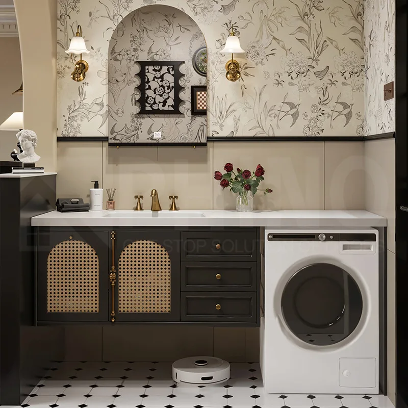 French Retro Rattan Bathroom Cabinet Solid Wood Waterproof Washstand Ceramic Integrated Basin Washbasin Washbasin Basin Cabinet