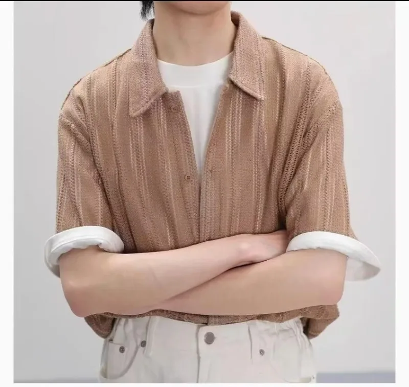 Herren-Strickhemd mit Aushöhlungen und Streifen, Kurzarm, Umlegekragen, Knopfleiste, Lässige Bluse, Atmungsaktives Durchsichtiges Sommer-Oberteil – Detail 19