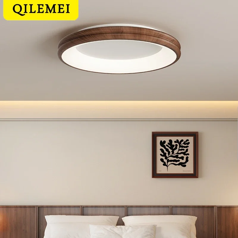 French Style Bedroom LED Ceiling Light Walnut Wood Color Retro Lamp Bedroom Living Room Dining Room Circular lighting fixture