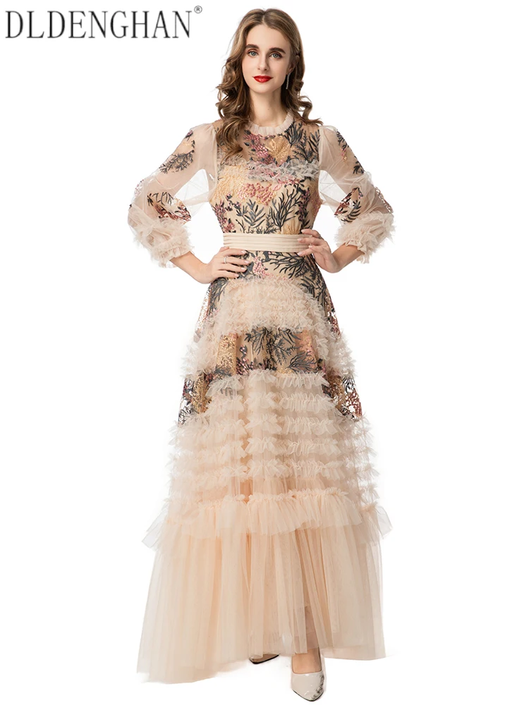 DLDENGHAN Floral Embroidery Maxi Mesh Dress For Women O-Neck Lantern Sleeve Ruffles Elegant Party Dresses Autumn Fashion Female