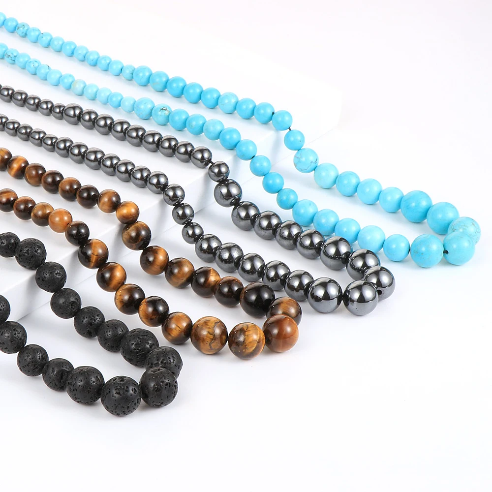 

6-12mm Black Hematite Obsidian Turquoises Tiger Eye Stone Beads Necklace 18/20 Inch Choker Natural Jewelry For Men Women