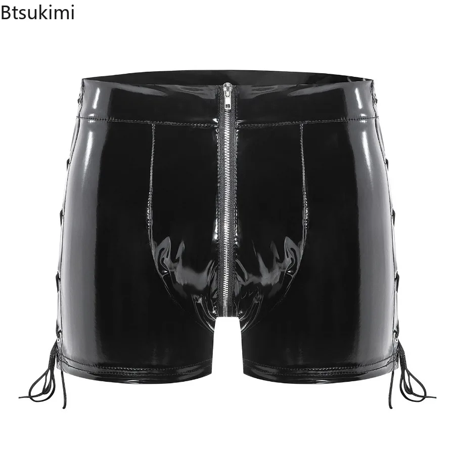 2026 Fashion Men's Bright Black PVC Boxer Shorts Sexy Open Crotch Skinny Lace-up Zipper Faux Leather Casual Shorts for Men S-5XL