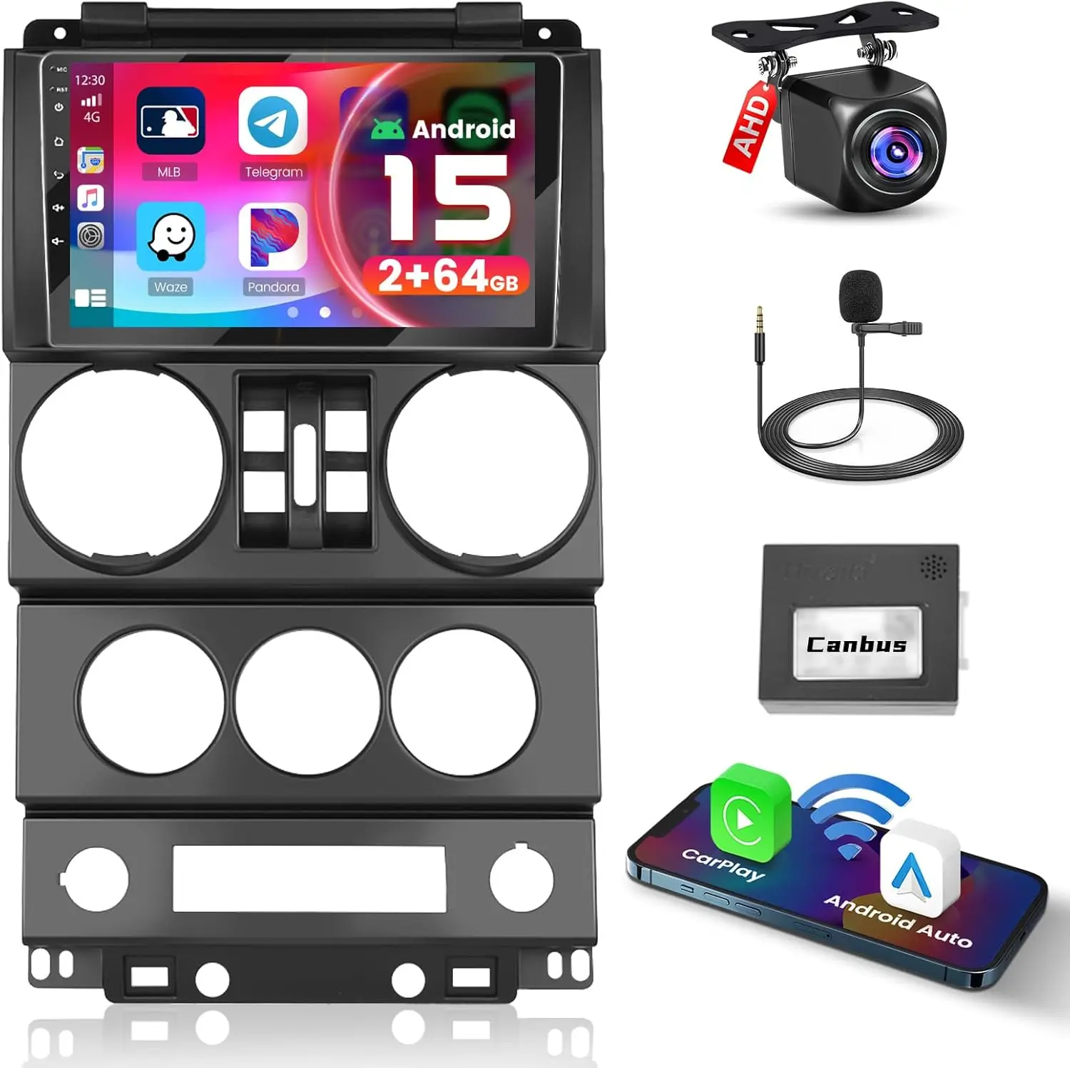 

4 Core 64G Android 15 Car Radio for Jeep Wrangler 2007-2010, 9' Touchscreen, CarPlay, Android Auto, GPS, Bluetooth 5.0, WiFi, Ba