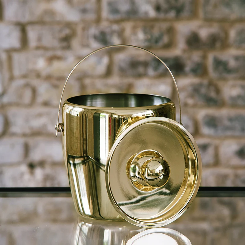 Gold Stainless Steel Ice Bucket Ice Cube Storage Bucket Lid Hand Beer Chilled Bucket