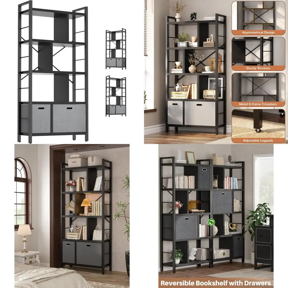 Современная книжная полка с 5 полками и ящиками для хранения — высокая подставка для книг и декора