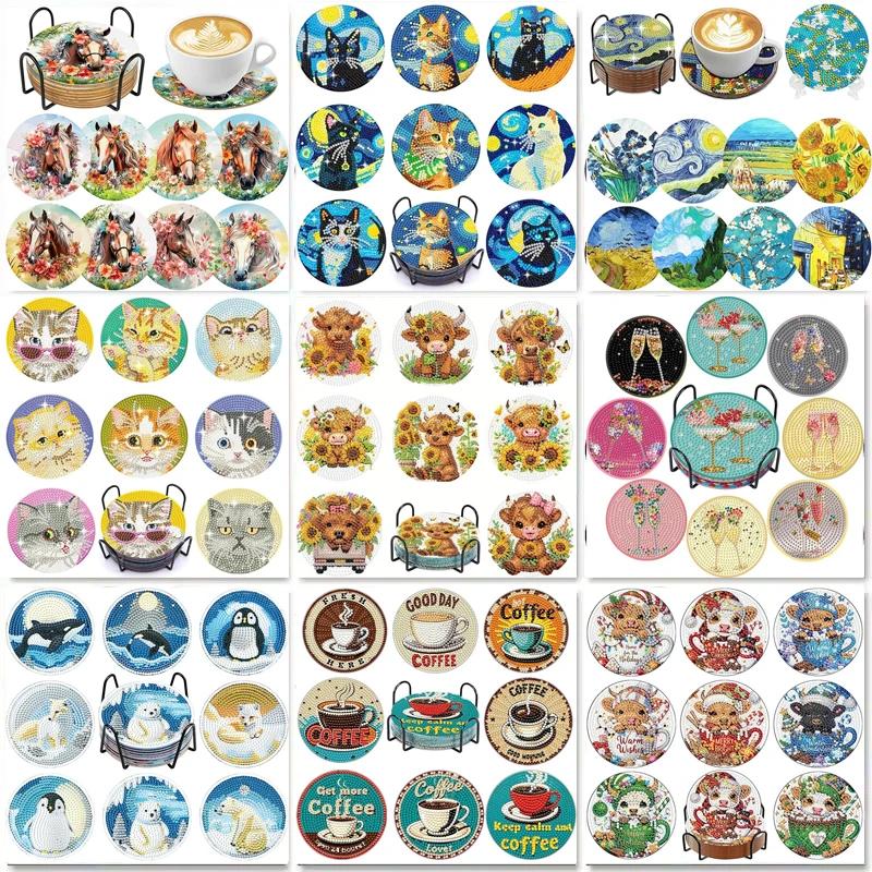 8 Pieces/Set Animal Horse Pattern Diamond Painted Coaster Set Sparkling Rhinestone Heat-Resistant Beverage Mat with Holder DIY C