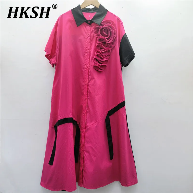 

HKSH Summer New Women Ins Fashion Elegant Casual Panelled Three-dimensional Flower Short Sleeve Dress Long Shirts Dresses HK5523