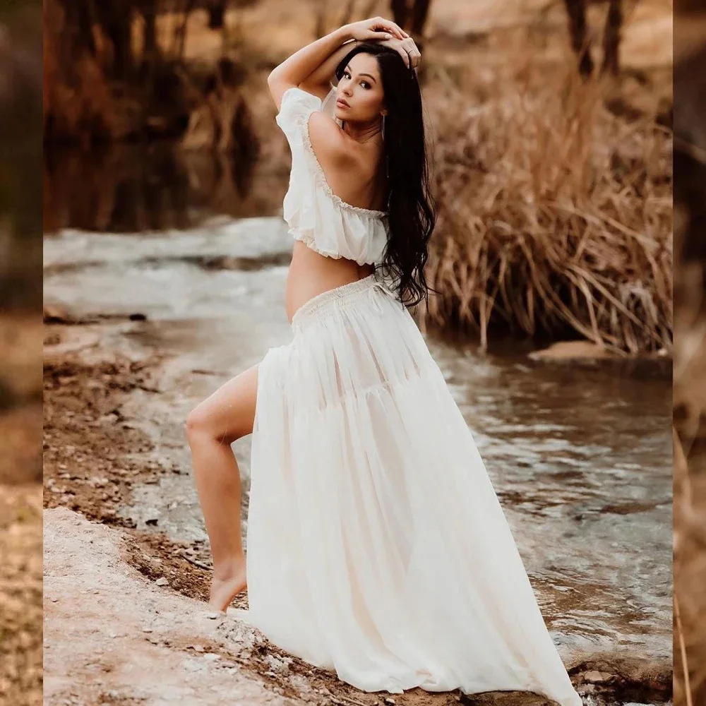 2 in 1 Maternity Photo Shoot Out Fit Boho Style Off-the Shoulder Chiffon Pregnancy Photography Dress Set White Dress  2025
