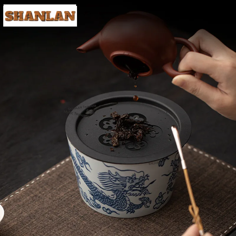 HOYIHM Blue And White Antique Jianshui Japanese Tea Wash Bowl Tea Residue Barrel Water Washing Slag Tank Chaxi Cafes Collection