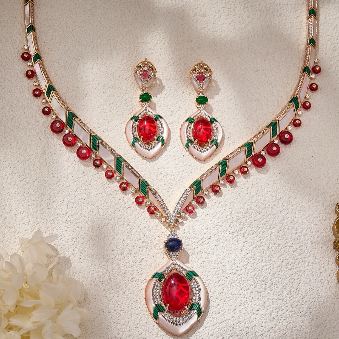 

Luxury Temperament AAA Zirconia Champagne Gold Red Necklace Drop Earrings For Women Wedding Party Evening Dress Jewelry Sets