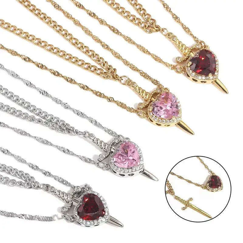 

2pcs Can Be Assembled Heart and Sword Zircon Pendant Necklace for Women Men Couple Silver Gold Plated Choker Chain Jewelry Gifts