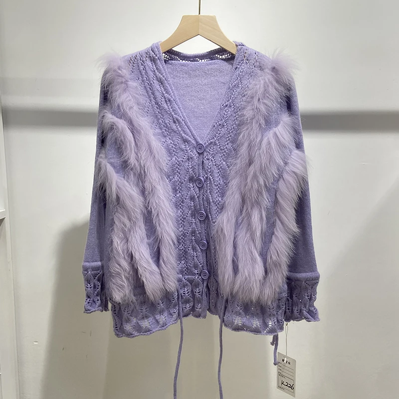 Women Winter Real Fox Fur Pink Sweater Lady's Autumn Purple Slim Knitted Button Coat