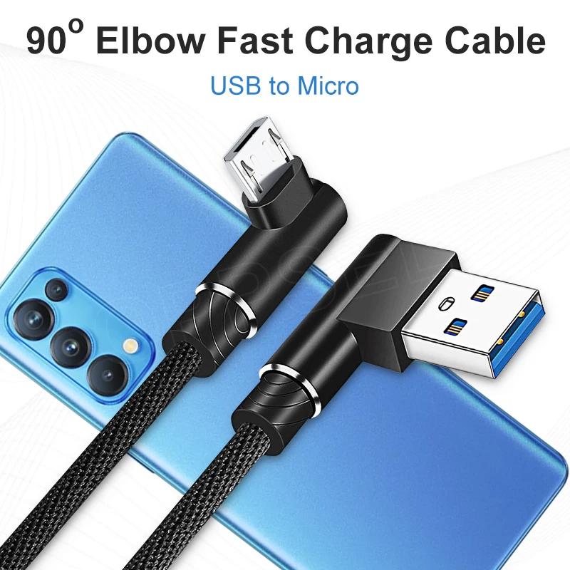 Micro USB Cable 2.4A Fast Charger USB Cord 90 Degree Elbow Nylon Braided Data Cable for Samsung Sony Xiaomi Huawei Android Phone