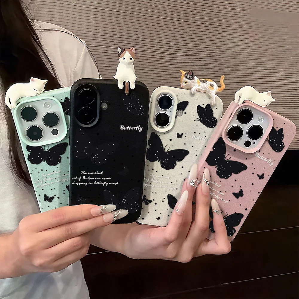 Schwarzer Schmetterling 3D liegende Katze Lychee Ledertasche für iPhone 17 11 15 12 13 14 16 Pro Max 15 16 14 Plus 17 Air Phone Cover Funda